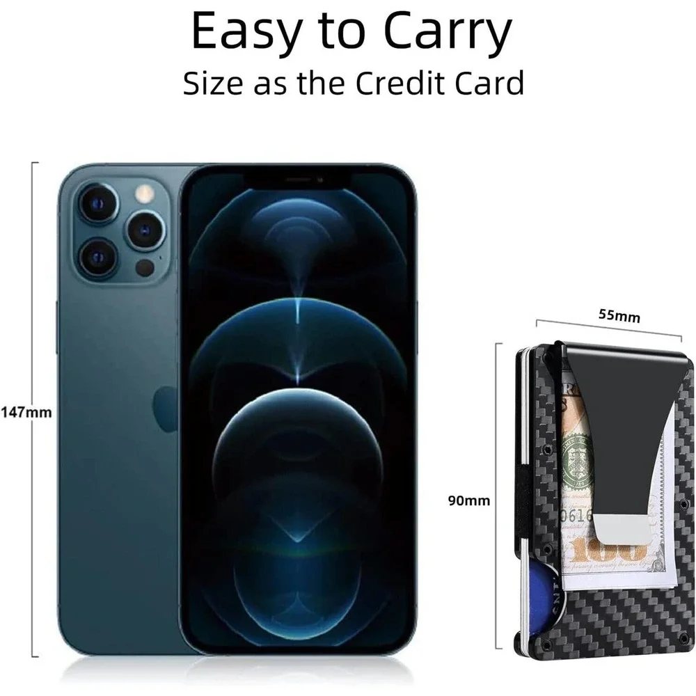 RFID Blocking Slim Money Clip Mens Carbon Fiber Credit Card Holder Metal Wallet
